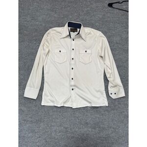 Vintage Sears Mens Store Golden Comfort Off White Polyester 70s Shirt Small